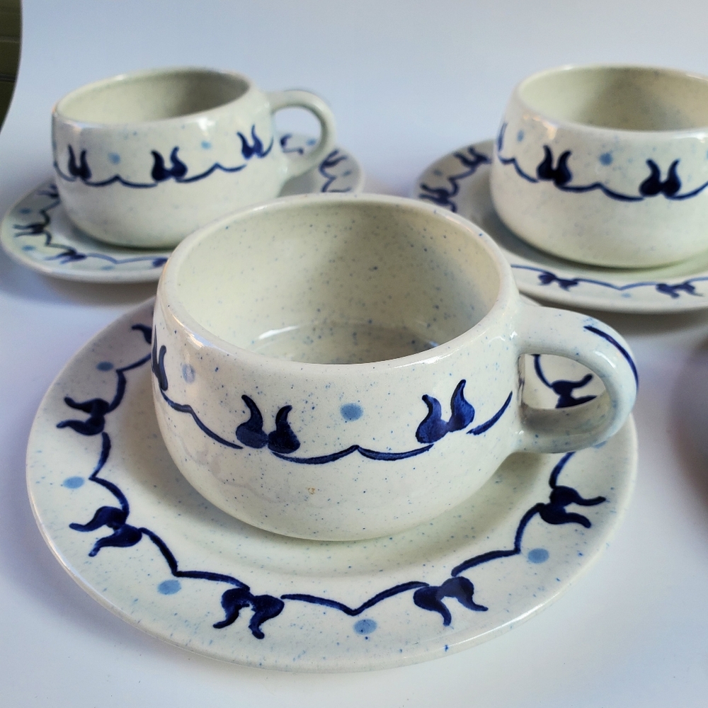 Vintage Metlox Provincial Blue Poppy Trail 4 Coffee Cups and Saucers Cottagecore